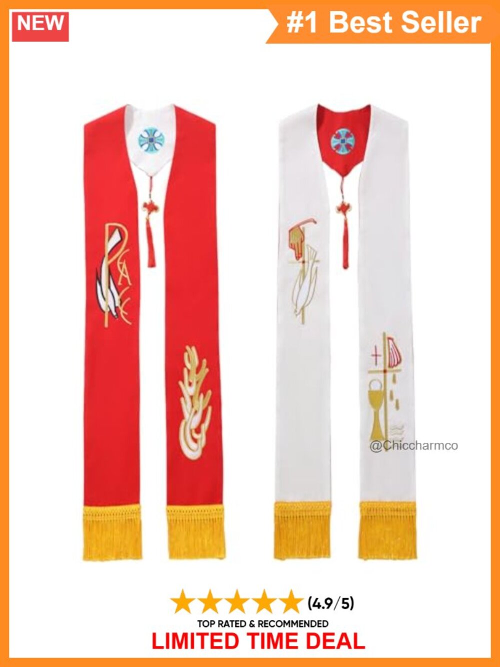 Reversible Embroidered Clergy Stole with Tassels Polyester Liturgical Shawl